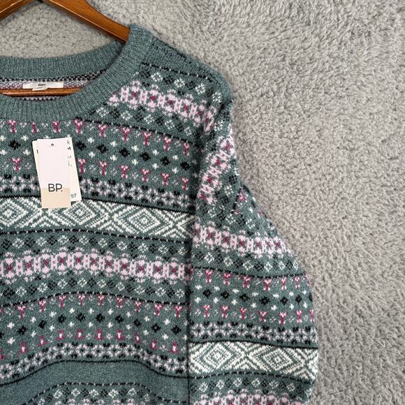 New BP. Nordstrom Fair Isle Geometric Print Crewneck Sweater Green Size Large - Picture 3 of 8